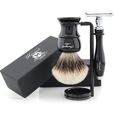 Haryali London Kit de rasage – Kit de rasage 3 pièces – Rasoir de sécurité à double tranchant – Blaireau à pointe argentée – Support de rasage – Ensemble de rasage élégant de couleur noire comme Haryali London Kit de rasage – Kit de rasage 3 pièces – Rasoir de sécurité à double tranchant – Blaireau à pointe argentée – Support de rasage – Ensemble de rasage élégant de couleur noire comme