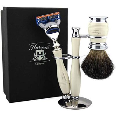 Haryali London Ivory Kit de rasage pour homme avec rasoir, 5 lames de rasage, blaireau et support de rasage Haryali London Ivory Kit de rasage pour homme avec rasoir, 5 lames de rasage, blaireau et support de rasage