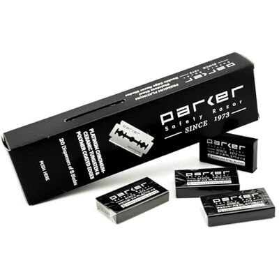 Lot de 100 lames de rasoir double Edge Parker (20 x 5) Lames de rasoir en platine de qualité supérieure avec bords revêtus de platine, de tungstène et de chrome Lot de 100 lames de rasoir double Edge Parker (20 x 5) Lames de rasoir en platine de qualité supérieure avec bords revêtus de platine, de tungstène et de chrome
