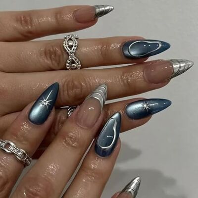 MouyouGlow Faux ongles courts Amande argentée française 3D Aura Cat Eye Paillettes Design court Y2K Ongles à presser Ongles argentés étoiles Sweet Estate INS Faux ongles MouyouGlow Faux ongles courts Amande argentée française 3D Aura Cat Eye Paillettes Design court Y2K Ongles à presser Ongles argentés étoiles Sweet Estate INS Faux ongles