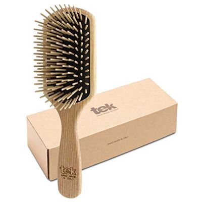 TEK Grande brosse rectangulaire en bois de frêne fabriquée à la main en Italie avec dents longues, idéale pour les cheveux longs et très longs 22 x 6,5 cm TEK Grande brosse rectangulaire en bois de frêne fabriquée à la main en Italie avec dents longues, idéale pour les cheveux longs et très longs 22 x 6,5 cm