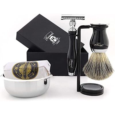 Haryali London Kit de rasage 6 pièces noir Rasoir à double bord Blaireau de rasage super en poils de blaireau Support de rasage Savon à raser Bol de rasage Haryali London Kit de rasage 6 pièces noir Rasoir à double bord Blaireau de rasage super en poils de blaireau Support de rasage Savon à raser Bol de rasage