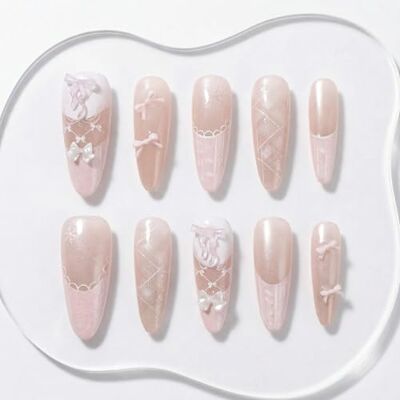 Sun Lot de 10 ongles press on faits à la main, forme pointue, nude, rose, avec pointe fine scintillante, longs, réutilisables au quotidien, #304 S Sun Lot de 10 ongles press on faits à la main, forme pointue, nude, rose, avec pointe fine scintillante, longs, réutilisables au quotidien, #304 S