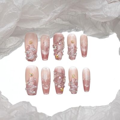 Sun Ballerine longue à presser faite à la main, rose nude (#196 S) Rose nude avec flocons de neige, accents d'étoiles, détails perlés et paillettes fines dans un lot de 10 pièces Sun Ballerine longue à presser faite à la main, rose nude (#196 S) Rose nude avec flocons de neige, accents d'étoiles, détails perlés et paillettes fines dans un lot de 10 pièces