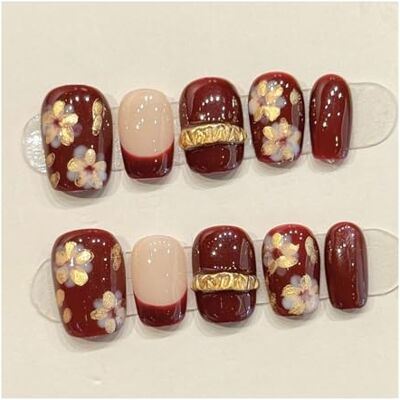 XIANGMLING Faux Ongles Autocollants à pression à motif Floral for ongles, 10 pièces, autocollants carrés courts faits à la main avec ensemble d'outils de 3 pièces for la maison ou la fête(X-Small) XIANGMLING Faux Ongles Autocollants à pression à motif Floral for ongles, 10 pièces, autocollants carrés courts faits à la main avec ensemble d'outils de 3 pièces for la maison ou la fête(X-Small)