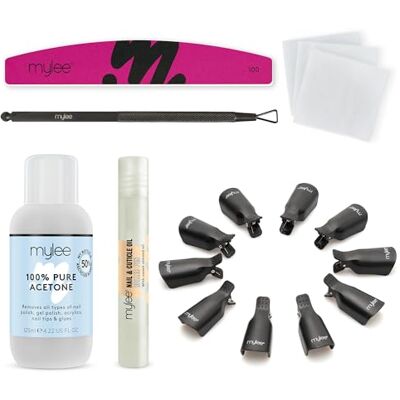 MYLEE Take Off Kit Set complet pour retirer vernis gel semi-permanent Avec acétone, pinces réutilisables, lingettes pour ongles, lime à ongles, stylo huile pour cuticules, racloir pour vernis gel Retrait de qualité professionnelle à la maison Avec acéto MYLEE Take Off Kit Set complet pour retirer vernis gel semi-permanent Avec acétone, pinces réutilisables, lingettes pour ongles, lime à ongles, stylo huile pour cuticules, racloir pour vernis gel Retrait de qualité professionnelle à la maison Avec acéto