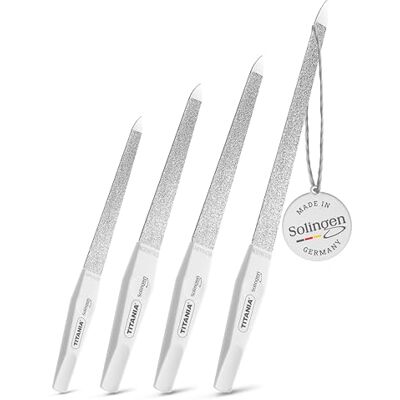 TITANIA ® Solingen Lot de 4 limes à ongles saphir – Limes professionnelles (12/15/17/20 cm) avec manche blanc – Accessoires manucure et pédicure de haute qualité TITANIA ® Solingen Lot de 4 limes à ongles saphir – Limes professionnelles (12/15/17/20 cm) avec manche blanc – Accessoires manucure et pédicure de haute qualité