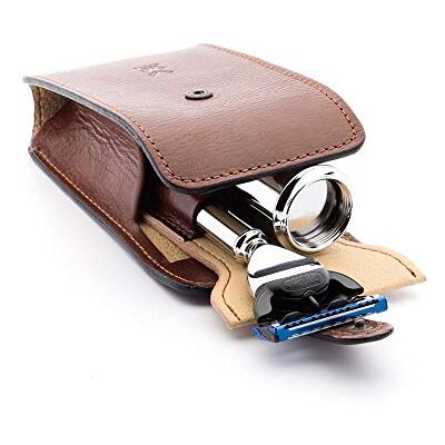 MÜHLE Travel Kit de rasage de voyage avec pinceau en fibre argentée, rasoir compatible avec lames Gillette, étui en cuir, métal chromé MÜHLE Travel Kit de rasage de voyage avec pinceau en fibre argentée, rasoir compatible avec lames Gillette, étui en cuir, métal chromé