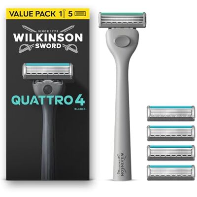 Wilkinson Sword Quattro manche de rasoir pour homme, 5 recharges de lames 4 lames revêtement diamant, technologie de grille de protection pour moins d'irritations, manche antidérapant, pour homme Wilkinson Sword Quattro manche de rasoir pour homme, 5 recharges de lames 4 lames revêtement diamant, technologie de grille de protection pour moins d'irritations, manche antidérapant, pour homme