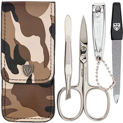 Drei Schwerter Capri Set de 4 accessoires pour manucure et pédicure Couleur : cuir synthétique camouflage Contenu : ciseaux à ongles, coupe-ongles, pince à épiler, lime à ongles saphir Drei Schwerter Capri Set de 4 accessoires pour manucure et pédicure Couleur : cuir synthétique camouflage Contenu : ciseaux à ongles, coupe-ongles, pince à épiler, lime à ongles saphir