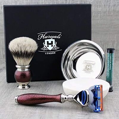 Haryali London Kit de rasage pour homme avec rasoir 5 lames et blaireau, savon de rasage, bol de rasage Haryali London Kit de rasage pour homme avec rasoir 5 lames et blaireau, savon de rasage, bol de rasage