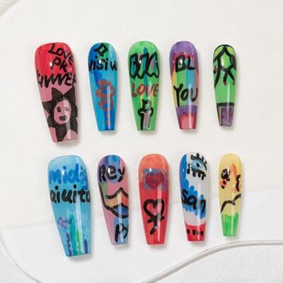 Sun Lot de 10 faux ongles faits à la main en forme de cercueil Ballerine Rouge et vert Peint à la main Design glamour d'été avec pastilles adhésives #270 M Sun Lot de 10 faux ongles faits à la main en forme de cercueil Ballerine Rouge et vert Peint à la main Design glamour d'été avec pastilles adhésives #270 M