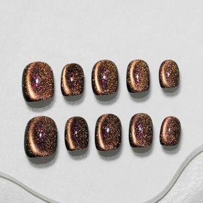 Sun Ongles à presser faits à la main, courts squovaux, bronze (#260 XS) Lot de 10 tons bronze avec paillettes multicolores et paillettes fines Sun Ongles à presser faits à la main, courts squovaux, bronze (#260 XS) Lot de 10 tons bronze avec paillettes multicolores et paillettes fines