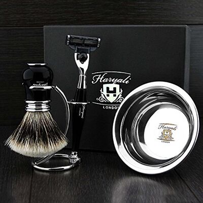 Haryali London Black Luxury Kit de rasage pour homme avec rasoir, blaireau de rasage, support de rasage et bol de rasage Haryali London Black Luxury Kit de rasage pour homme avec rasoir, blaireau de rasage, support de rasage et bol de rasage