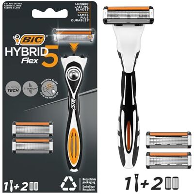 BIC Hybrid 5 Flex Rasoir Rechargeabe pour Homme (Tête Pivotante et 5 Lames Mobiles) Boîte de 1 Manche et 2 Recharges BIC Hybrid 5 Flex Rasoir Rechargeabe pour Homme (Tête Pivotante et 5 Lames Mobiles) Boîte de 1 Manche et 2 Recharges