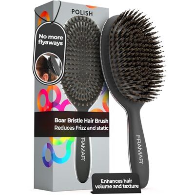 FRAMAR Brosse en Poils de Sanglier Souple Brosse Cheveux pour Femmes, Idéale pour Cheveux Fins, Bouclés ou Frisés, Lissant et Lissant Couleur Noire FRAMAR Brosse en Poils de Sanglier Souple Brosse Cheveux pour Femmes, Idéale pour Cheveux Fins, Bouclés ou Frisés, Lissant et Lissant Couleur Noire