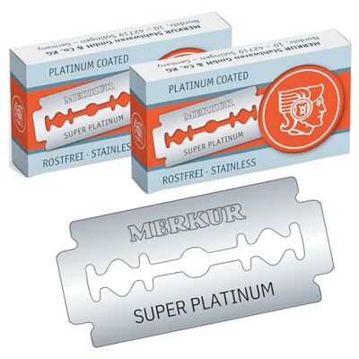 MERKUR Lot de 20 lames de rasoir en acier inoxydable Super Platinum 910 Convient pour les rasoirs traditionnels Lames de rasoir double face avec revêtement platine et téflon Acier inoxydable MERKUR Lot de 20 lames de rasoir en acier inoxydable Super Platinum 910 Convient pour les rasoirs traditionnels Lames de rasoir double face avec revêtement platine et téflon Acier inoxydable