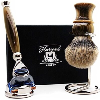 Haryali London Kit de rasage pour homme avec rasoir à 5 canaux, blaireau à pointe argentée, support et support de rasage Haryali London Kit de rasage pour homme avec rasoir à 5 canaux, blaireau à pointe argentée, support et support de rasage