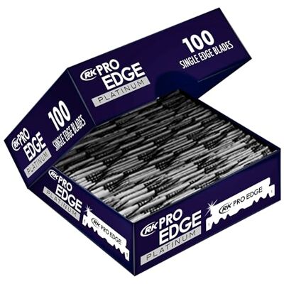 RK ProEdge Platinum Lames de Rasoir Simple Tranchant Lot de 100 Lames pour Shavette, Coupe Choux et Rasoir Barbe Homme Acier Inoxydable pour Rasage de Précision Professionnel RK ProEdge Platinum Lames de Rasoir Simple Tranchant Lot de 100 Lames pour Shavette, Coupe Choux et Rasoir Barbe Homme Acier Inoxydable pour Rasage de Précision Professionnel