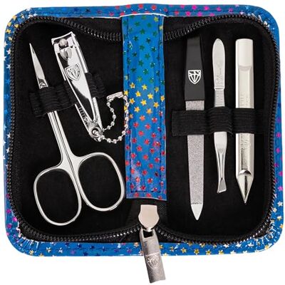 Drei Schwerter Germany Siena Set de manucure 5 pièces : ciseaux à cuticules, coupe-ongles, lime à ongles saphir, cure-ongles, pince à épiler, couleur bleu et étoiles Drei Schwerter Germany Siena Set de manucure 5 pièces : ciseaux à cuticules, coupe-ongles, lime à ongles saphir, cure-ongles, pince à épiler, couleur bleu et étoiles