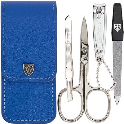 Drei Schwerter Capri Set de 4 accessoires pour manucure et pédicure Couleur : similicuir bleu Contenu : ciseaux à ongles, coupe-ongles, pince à épiler, lime à ongles saphir Drei Schwerter Capri Set de 4 accessoires pour manucure et pédicure Couleur : similicuir bleu Contenu : ciseaux à ongles, coupe-ongles, pince à épiler, lime à ongles saphir