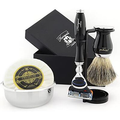 Haryali London Kit de rasage pour homme, avec rasoir à 5 lames, blaireau, support de rasoir, savon à barbe et bol à raser Haryali London Kit de rasage pour homme, avec rasoir à 5 lames, blaireau, support de rasoir, savon à barbe et bol à raser