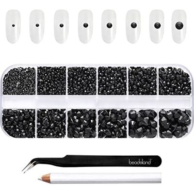 BEADSLAND Lot de 2500 strass noirs à dos plat à strass ronds et noirs pour le bricolage 8 tailles SS4 ~ SS30 avec pince à épiler et stylo (noir) BEADSLAND Lot de 2500 strass noirs à dos plat à strass ronds et noirs pour le bricolage 8 tailles SS4 ~ SS30 avec pince à épiler et stylo (noir)