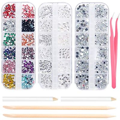 K Keiby Citom Lot de 3 boîtes de strass et de pierres précieuses pour nail art, strass transparents de différentes tailles avec 2 stylos à strass, 2 bâtons en bois et 1 pince à épiler rose K Keiby Citom Lot de 3 boîtes de strass et de pierres précieuses pour nail art, strass transparents de différentes tailles avec 2 stylos à strass, 2 bâtons en bois et 1 pince à épiler rose