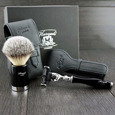 Haryali London Kit de rasage de voyage avec rasoir triple bord et blaireau en poils synthétiques avec revêtement en cuir véritable pour les deux Haryali London Kit de rasage de voyage avec rasoir triple bord et blaireau en poils synthétiques avec revêtement en cuir véritable pour les deux