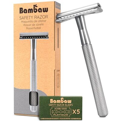 Bambaw Rasoir de Sûreté Argenté en Métal Pour Homme et Femme Zéro Déchet Compatible Avec Toutes Lames Doubles Rasage Manuel Barbier Bambaw Rasoir de Sûreté Argenté en Métal Pour Homme et Femme Zéro Déchet Compatible Avec Toutes Lames Doubles Rasage Manuel Barbier