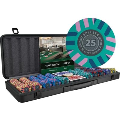 Bullets Playing Cards Mallette de poker « Salvatore » avec 500 jetons en argile de 10 g Kit de jeu de poker avec cartes, dés, bouton de croupier et règles Bullets Playing Cards Mallette de poker « Salvatore » avec 500 jetons en argile de 10 g Kit de jeu de poker avec cartes, dés, bouton de croupier et règles