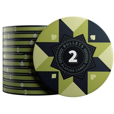 Bullets Playing Cards , Lot de 25 jetons de poker en céramique Paulie avec valeurs (kaki vert/bleu) Bullets Playing Cards , Lot de 25 jetons de poker en céramique Paulie avec valeurs (kaki vert/bleu)