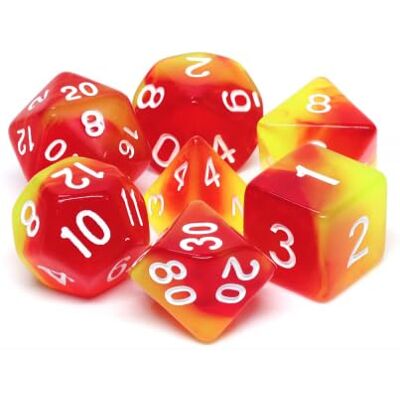 Rio -Lot de 7 dés en boîte– Fusion Rouge et Jaune Rio -Lot de 7 dés en boîte– Fusion Rouge et Jaune
