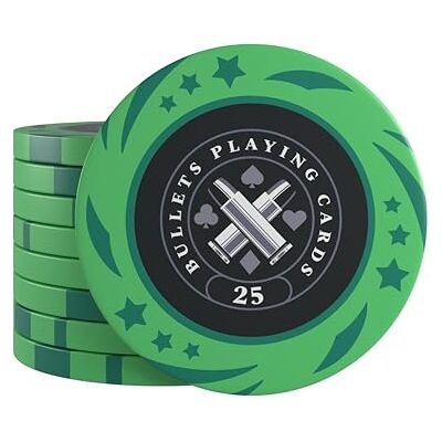 Bullets Playing Cards , 25 jetons de poker en plastique Janice pour jeu de poker, valeur 25, 4 cm de diamètre, poids 12 g Bullets Playing Cards , 25 jetons de poker en plastique Janice pour jeu de poker, valeur 25, 4 cm de diamètre, poids 12 g
