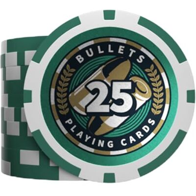 Bullets Playing Cards , Lot de 25 jetons de poker en plastique, Christophe avec valeurs, Vert Bullets Playing Cards , Lot de 25 jetons de poker en plastique, Christophe avec valeurs, Vert