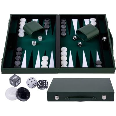 Engelhart 250529 Backgammon de Luxe 15 Pouces Vert Simili Cuir, Feutre Spécial, Dés et Jetons Nacrés 2 Gobelets Jeu Haut de Gamme Pro et Loisirs Ouvert : 46 x 38 x 2,8 cm Engelhart 250529 Backgammon de Luxe 15 Pouces Vert Simili Cuir, Feutre Spécial, Dés et Jetons Nacrés 2 Gobelets Jeu Haut de Gamme Pro et Loisirs Ouvert : 46 x 38 x 2,8 cm