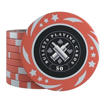 Bullets Playing Cards , Janice Lot de 25 jetons de poker en plastique, valeur 50, diamètre 4 cm, poids 11,5 g, lot de 25 Bullets Playing Cards , Janice Lot de 25 jetons de poker en plastique, valeur 50, diamètre 4 cm, poids 11,5 g, lot de 25