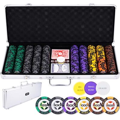Engelhart 320921 Set de Poker Complet Malette en métal argentée 500 jetons 14g Mise élevée (25 à 25000)+ 2 Jeux de Cartes, 3 Boutons de Croupier, 5 dés Coffret de jeu de Poker et Accessoires Engelhart 320921 Set de Poker Complet Malette en métal argentée 500 jetons 14g Mise élevée (25 à 25000)+ 2 Jeux de Cartes, 3 Boutons de Croupier, 5 dés Coffret de jeu de Poker et Accessoires