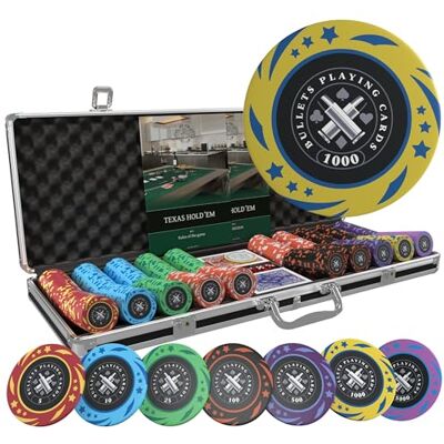 Bullets Playing Cards Mallette de Poker 500 Jetons Plastique – Coffret Complet avec Cartes, dés et Bouton Dealer en céramique – Design Janice Bullets Playing Cards Mallette de Poker 500 Jetons Plastique – Coffret Complet avec Cartes, dés et Bouton Dealer en céramique – Design Janice