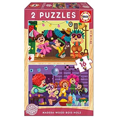 Educa Pack de 2 Puzzles Bois Carnaval 16 pièces, 17619 Educa Pack de 2 Puzzles Bois Carnaval 16 pièces, 17619