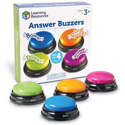 Learning Resources Buzzers (jeu de 4), buzzer pour jeux de questions, ressources maternelle, buzzers de style «game-show», 4 sons préenregistrés, pour des jeux à la maison ou en classe Learning Resources Buzzers (jeu de 4), buzzer pour jeux de questions, ressources maternelle, buzzers de style «game-show», 4 sons préenregistrés, pour des jeux à la maison ou en classe