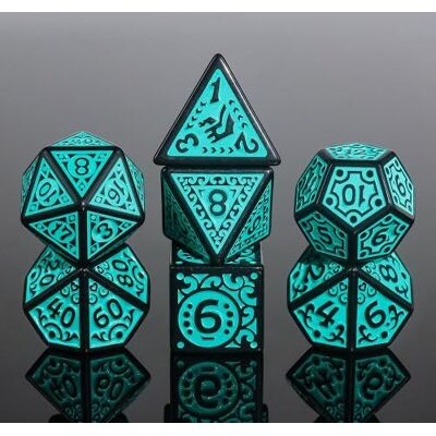 Rio Lot de 7 dés avec boîte Magic Flame Teal Rio Lot de 7 dés avec boîte Magic Flame Teal
