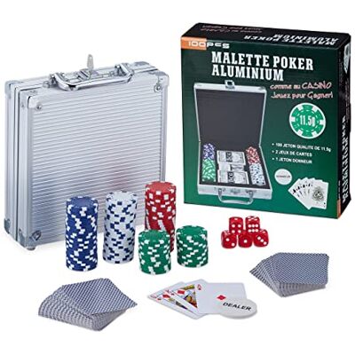 Relaxdays Mallette de poker 100 jetons de poker sans valeur, 2 jeux de cartes, 5 dés, bouton croupier, kit de poker, verrouillable, argent Relaxdays Mallette de poker 100 jetons de poker sans valeur, 2 jeux de cartes, 5 dés, bouton croupier, kit de poker, verrouillable, argent