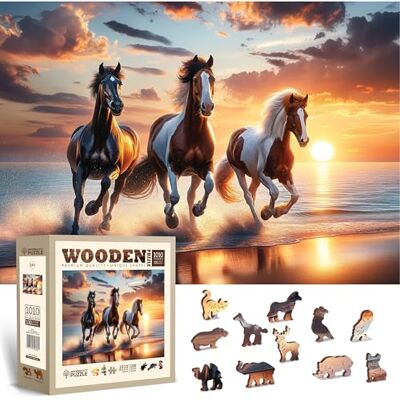 WOODEN.CITY Puzzle en bois de 1000 pièces, chevaux sauvages sur la plage avec 100 pièces en forme d'animal, 54 x 39,4 cm WOODEN.CITY Puzzle en bois de 1000 pièces, chevaux sauvages sur la plage avec 100 pièces en forme d'animal, 54 x 39,4 cm