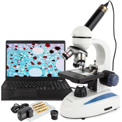 AmScope Microscope composé sans fil à LED 40X-1000X avec cadre entièrement en métal et lentille optique en verre avec mise au point grossière et fine + appareil photo numérique USB AmScope Microscope composé sans fil à LED 40X-1000X avec cadre entièrement en métal et lentille optique en verre avec mise au point grossière et fine + appareil photo numérique USB