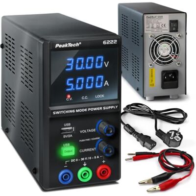 PeakTech 6222 Bloc d'alimentation de laboratoire 30 V 5 A CC réglable en continu avec USB, résolution 1 mA/10 mV, alimentation de laboratoire PeakTech 6222 Bloc d'alimentation de laboratoire 30 V 5 A CC réglable en continu avec USB, résolution 1 mA/10 mV, alimentation de laboratoire