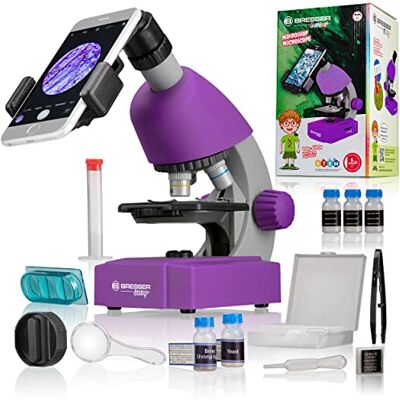 BRESSER Microscope junior pour débutant 40-640x avec éclairage LED et 3 objectifs, avec de nombreux accessoires tels que des préparations permanentes, des lames et des outils de microscope, violet BRESSER Microscope junior pour débutant 40-640x avec éclairage LED et 3 objectifs, avec de nombreux accessoires tels que des préparations permanentes, des lames et des outils de microscope, violet