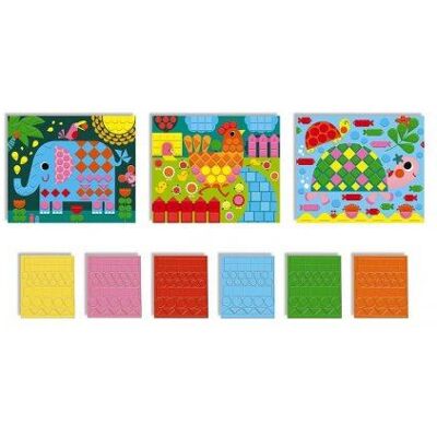 Kit pochette mosaiques en mousse 3 tableaux animaux - 6 couleurs formes geometriques - set loisir creatif enfant 3 ans + carte Kit pochette mosaiques en mousse 3 tableaux animaux - 6 couleurs formes geometriques - set loisir creatif enfant 3 ans + carte