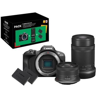 Pack Appareil photo hybride Canon EOS R100 Noir + Objectif RF-S 18-45mm f/4.5-6.3 IS STM + Objectif RF-S 55-210 mm f/5-7.1 IS STM + 2ème batterie + chargeur Noir Pack Appareil photo hybride Canon EOS R100 Noir + Objectif RF-S 18-45mm f/4.5-6.3 IS STM + Objectif RF-S 55-210 mm f/5-7.1 IS STM + 2ème batterie + chargeur Noir