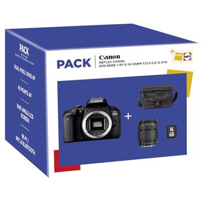 Pack Fnac Reflex Canon EOS 800D Noir + Objectif EF-S 18-135 mm f/3.5-5.6 IS STM + Fourre-tout + Carte SD 16 Go noir Pack Fnac Reflex Canon EOS 800D Noir + Objectif EF-S 18-135 mm f/3.5-5.6 IS STM + Fourre-tout + Carte SD 16 Go noir